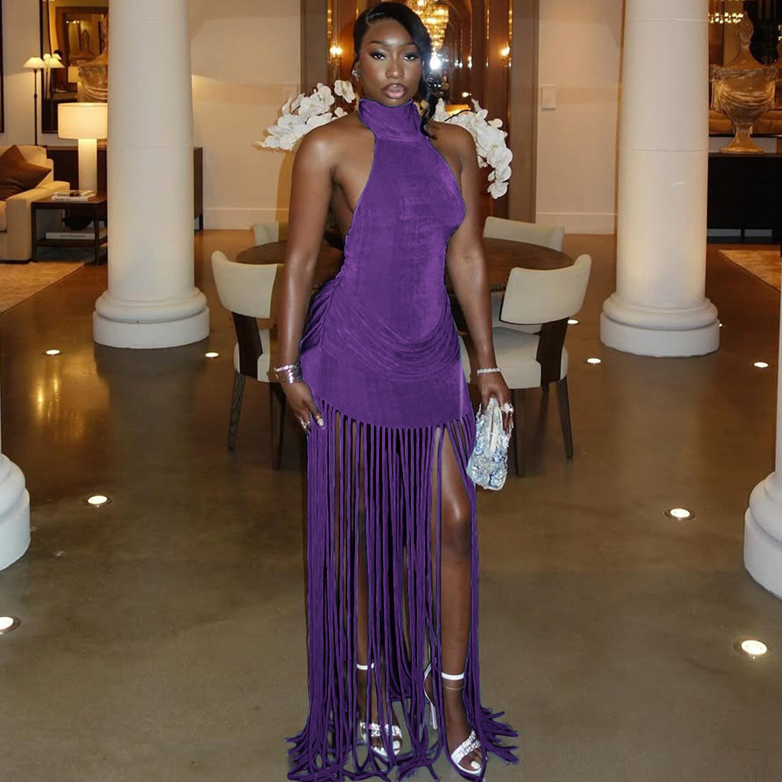 Women's Winter Fashion Tassel Design Solid Color Sexy Dress