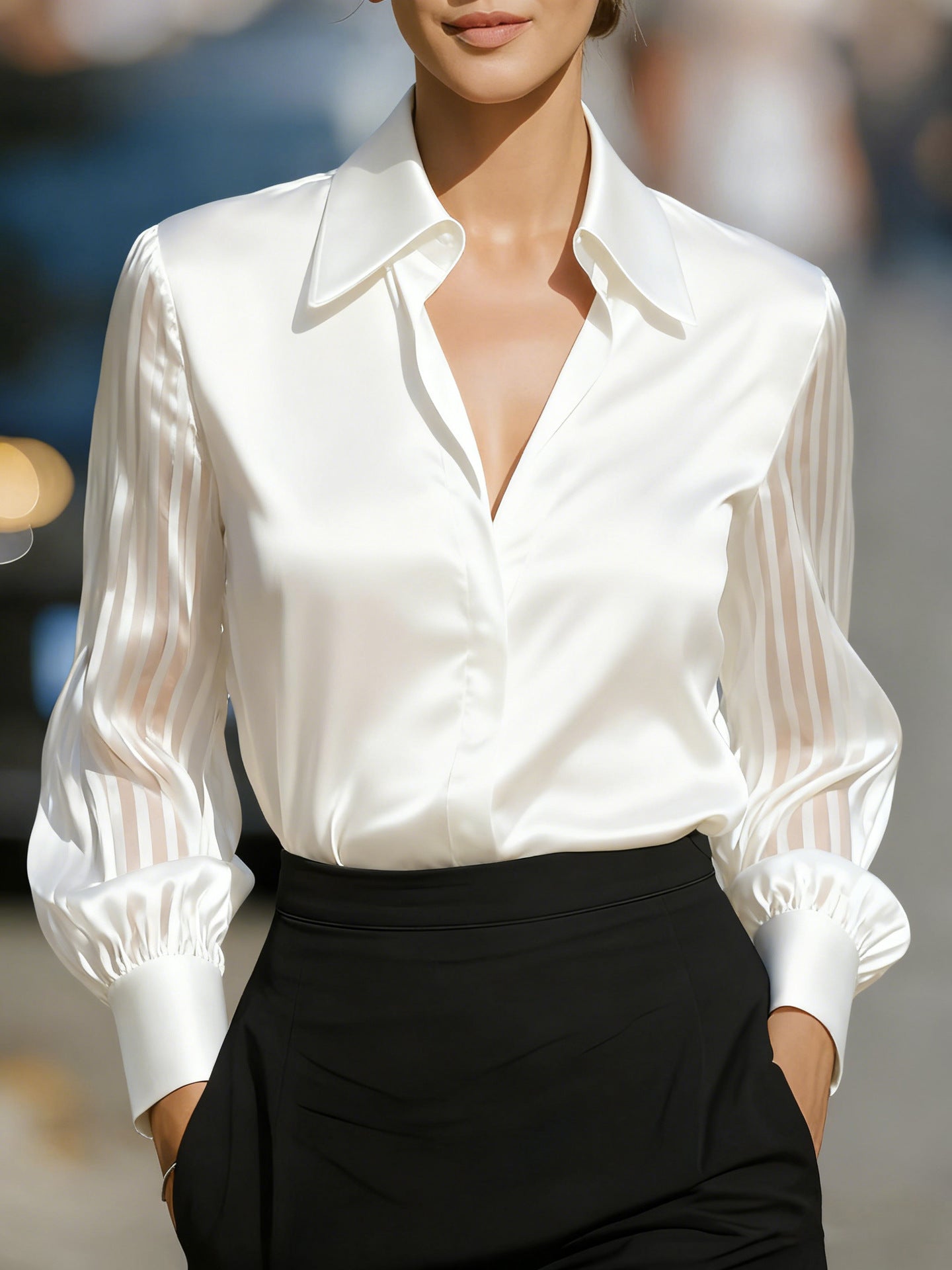 Women's Pure Color Loose Satin Long-sleeved Shirt Blouse