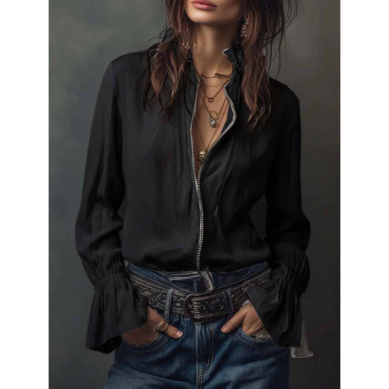 Women's Vacation Western Bohemian Long Sleeve Zipper Shirt Blouse