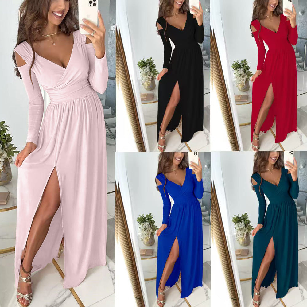 Long Sleeve Hem Pure Color Split Dress