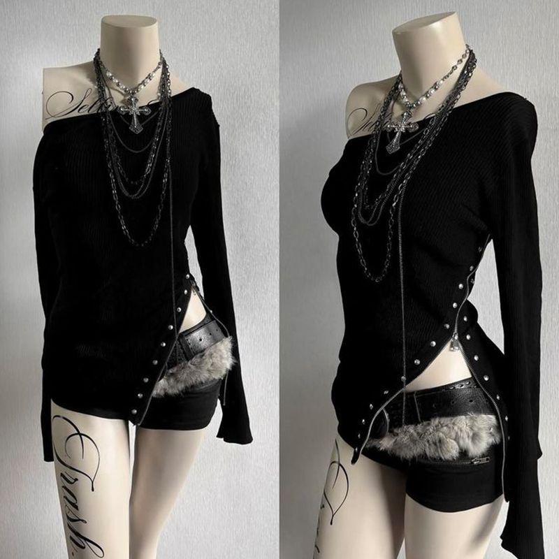 Women's Retro Rivet Design Side Slit Niche Personality Casual Hot Women's T-shirt
