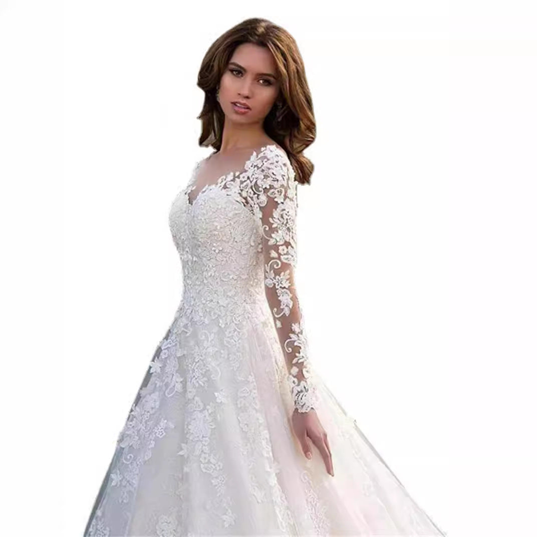 Women's Lace Long-sleeved White Bridal Gown Dress