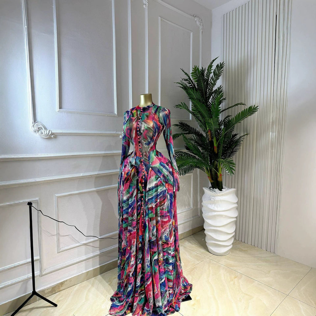 Women's African Temperament Printed Large Swing Round Neck Dress