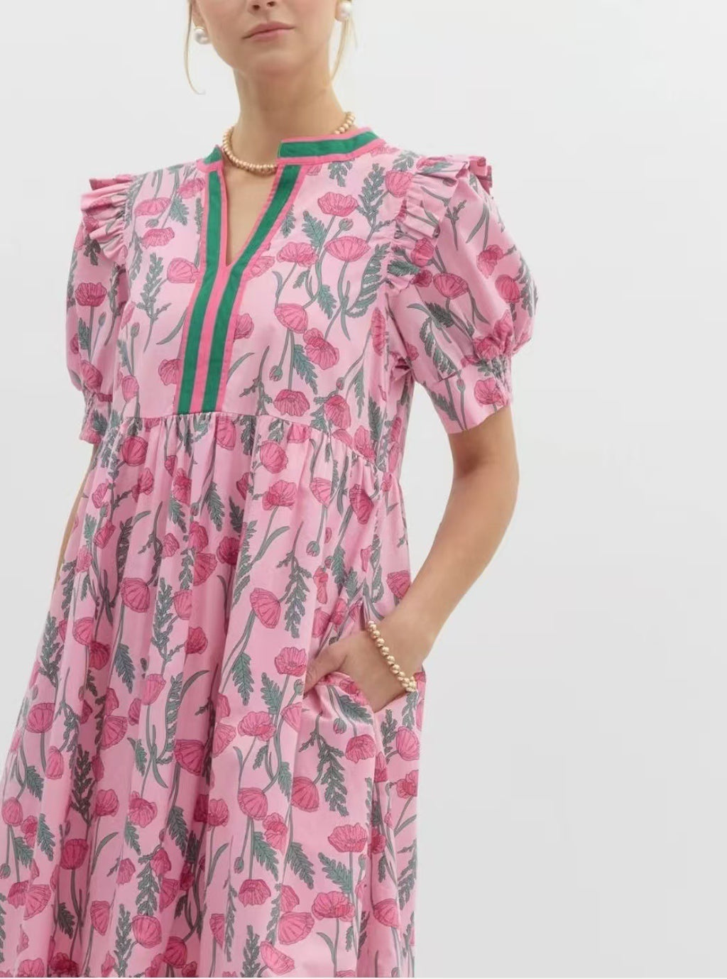 Rose Printed High Waist Puff Sleeve Dress