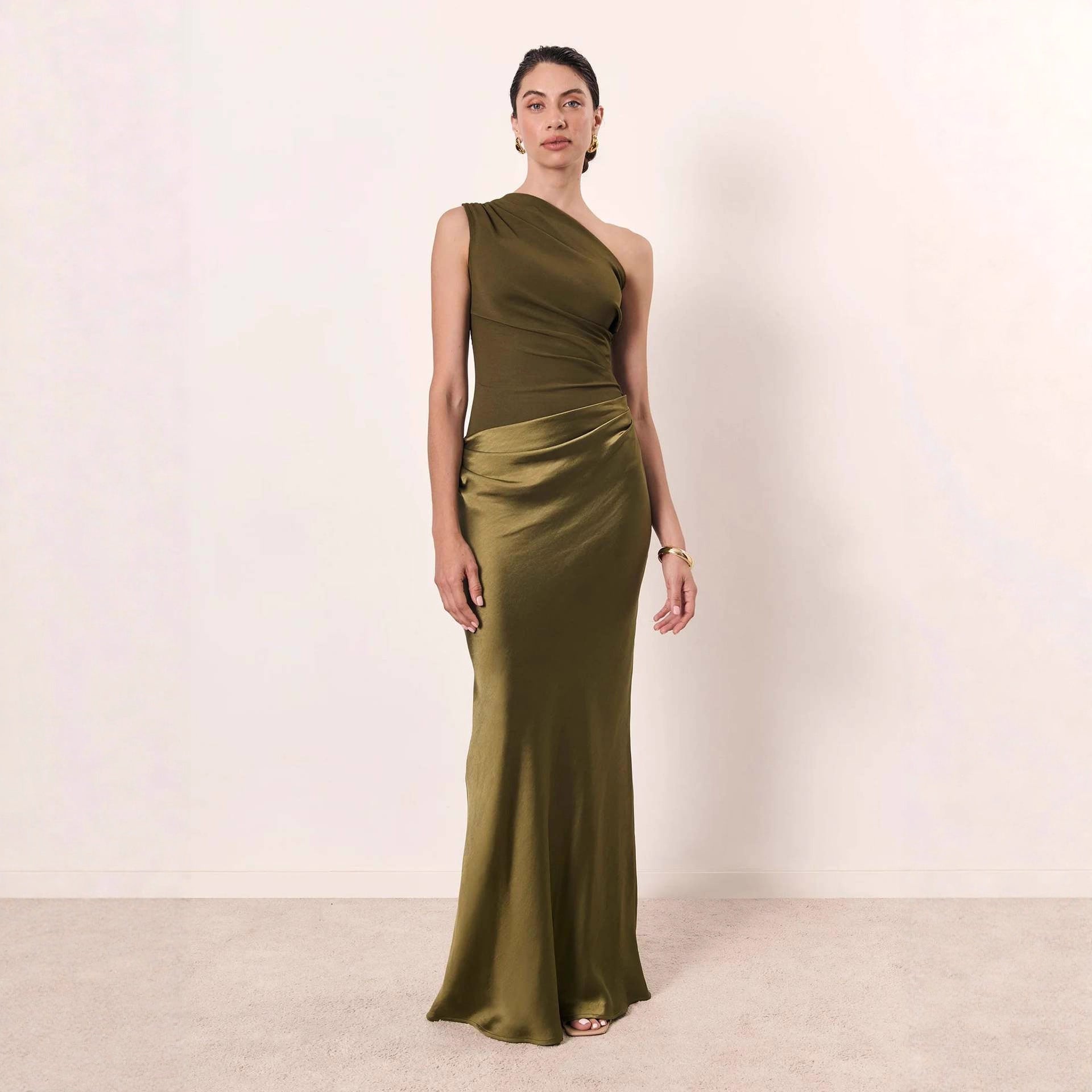 Color Diagonal Collar Sleeveless Maxi Slant Dress