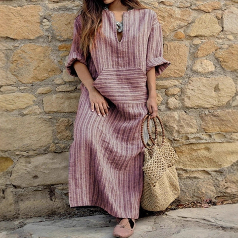 Women's Cotton Linen Yarn-dyed Striped Loose Pockets Dress