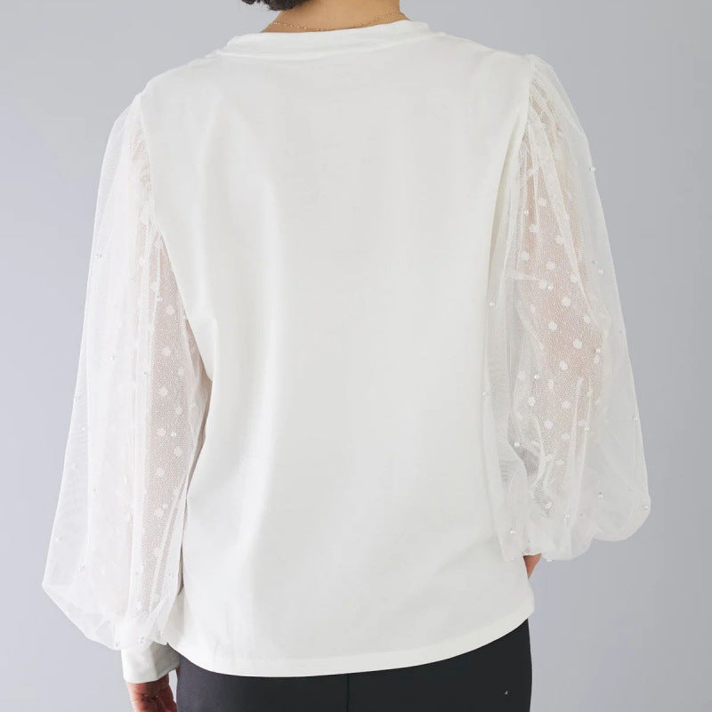 Women's Autumn Loose Split Stitching Mesh Long-sleeved Women's T-shirt