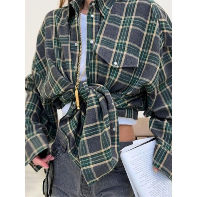 Women's Style Lapel Loose Shirt Autumn Plaid Long Blouse