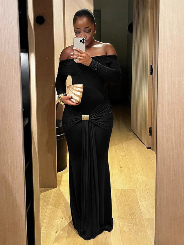 Women's Fashion Temperament Solid Color Long Sleeve Dress