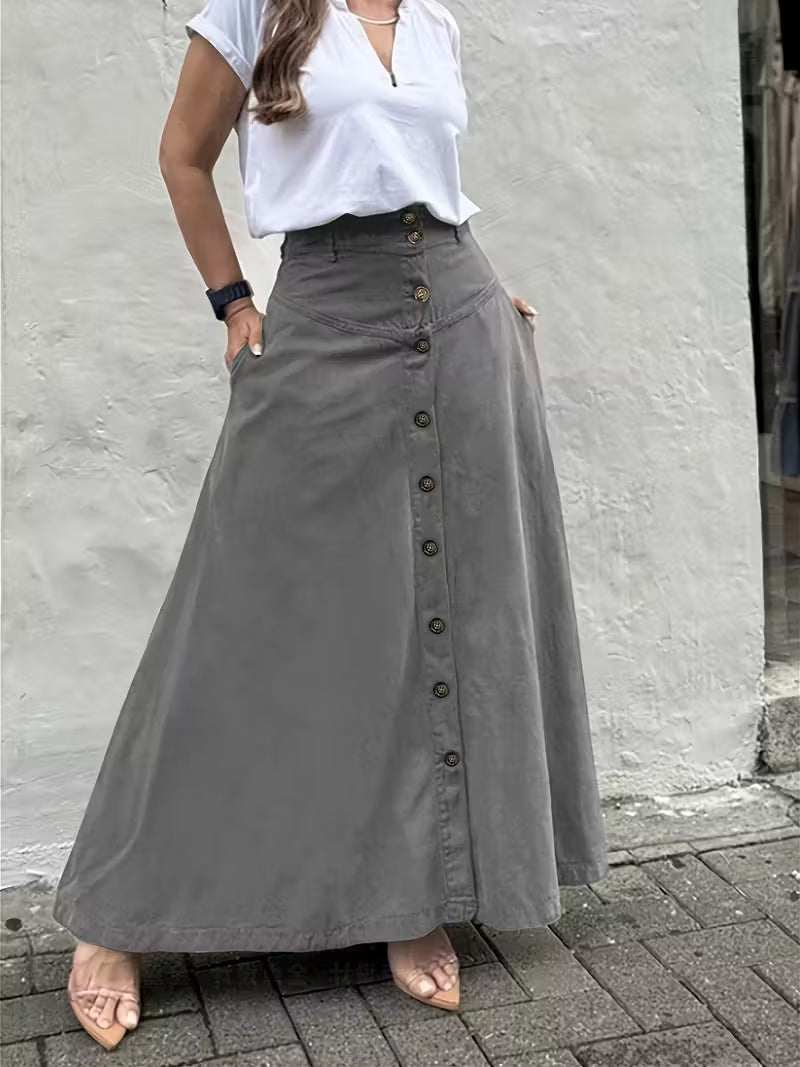 Women's Elegant High Waist Pocket Button Front Slit A- Line Skirts