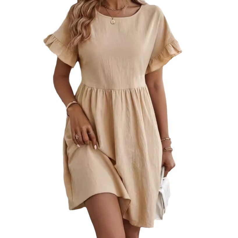 Women's Cotton Linen Round Neck Loose Pocket Skirts