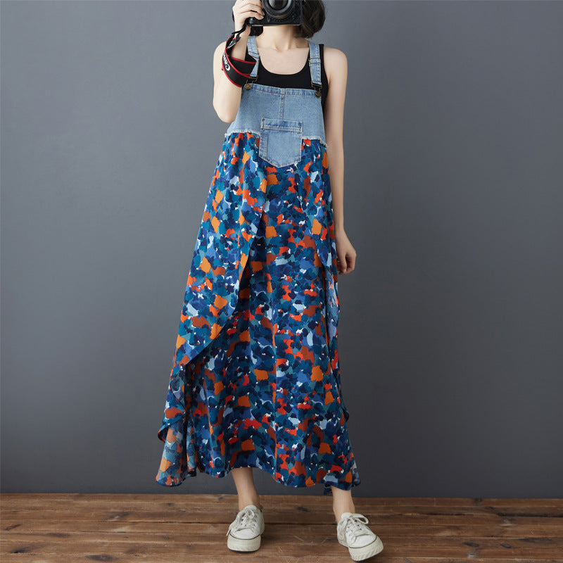 Color Loose Denim Stitching Floral Strap Dress