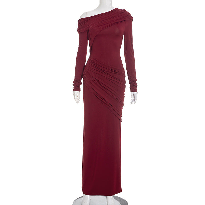 Women's Solid Color Elegant Asymmetric Neckline Pleated Dress