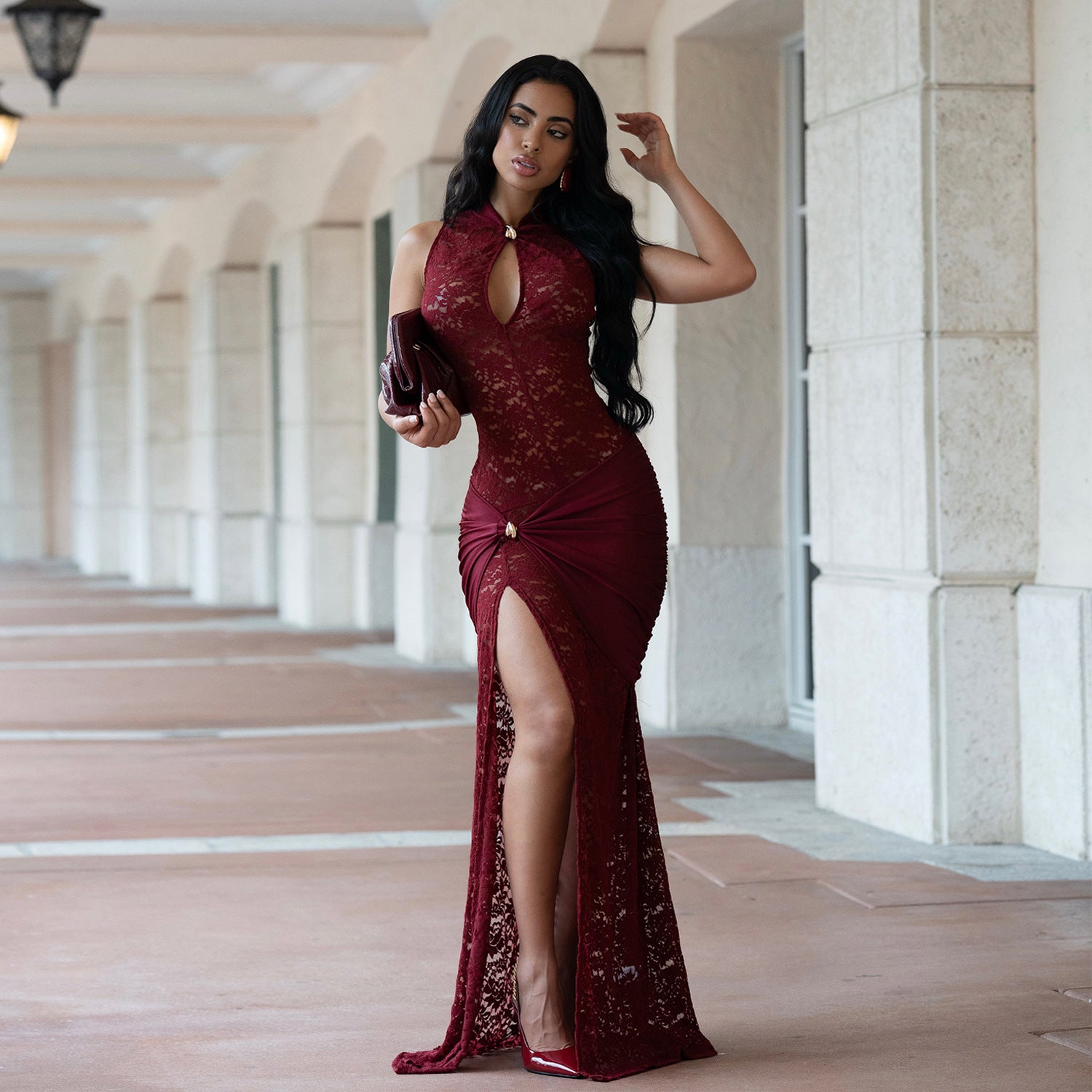 Women's Fashion Wear Sexy Lace Cutout Slit Dress