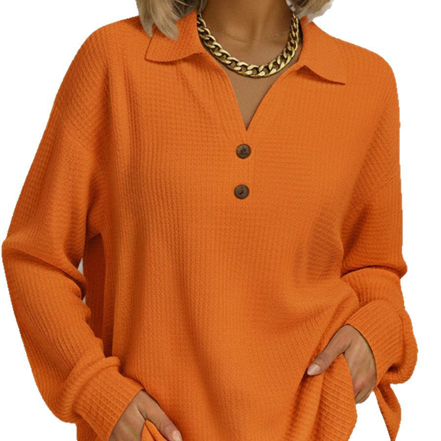 Fashion Buttons Waffle Solid Color Loose Pullover Long Blouse