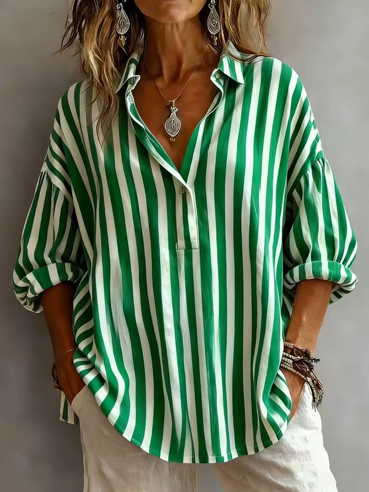 Women's Spring Shirt Collar Long Sleeve Pullover Stripe Blouse