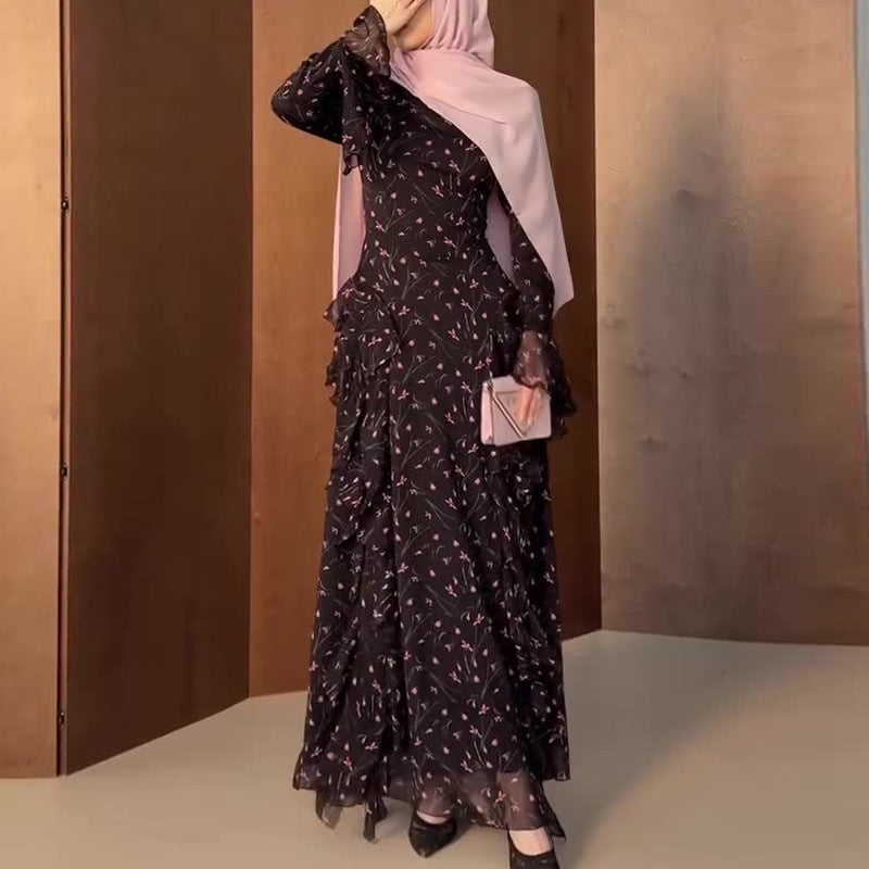 Women's Long Sleeve Elegant Ruffled Floral Dress