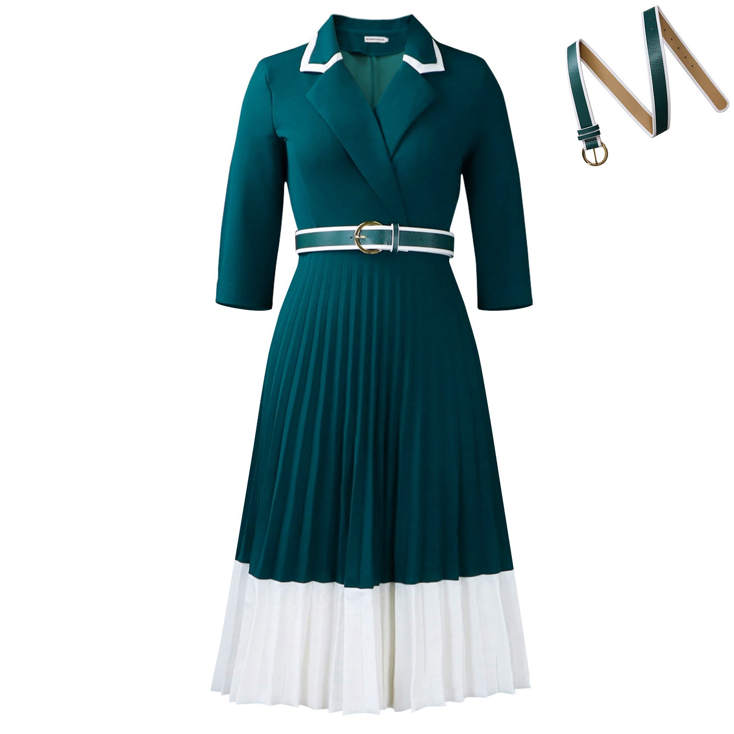 Women's Solid Color Long Sleeve Matching Pleated A- Dress