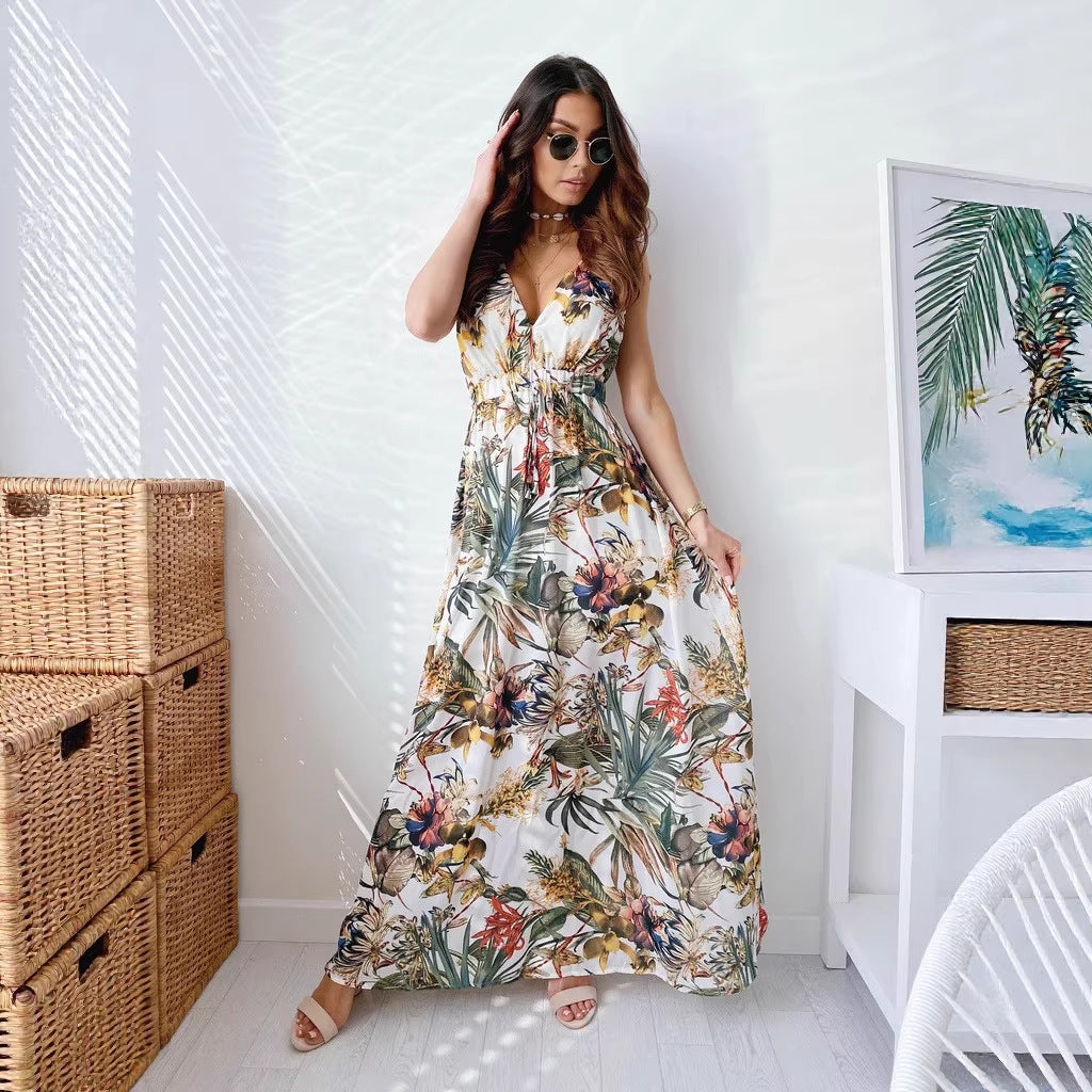 Trendy Summer Print Backless Lace Up Dress