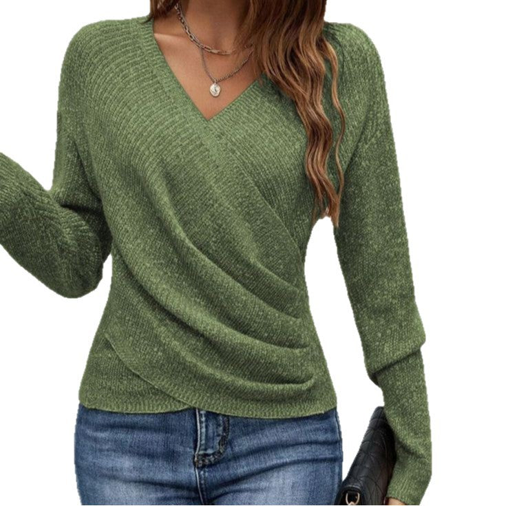 Women's Collar Long Sleeve Cross Solid Color Sweaters