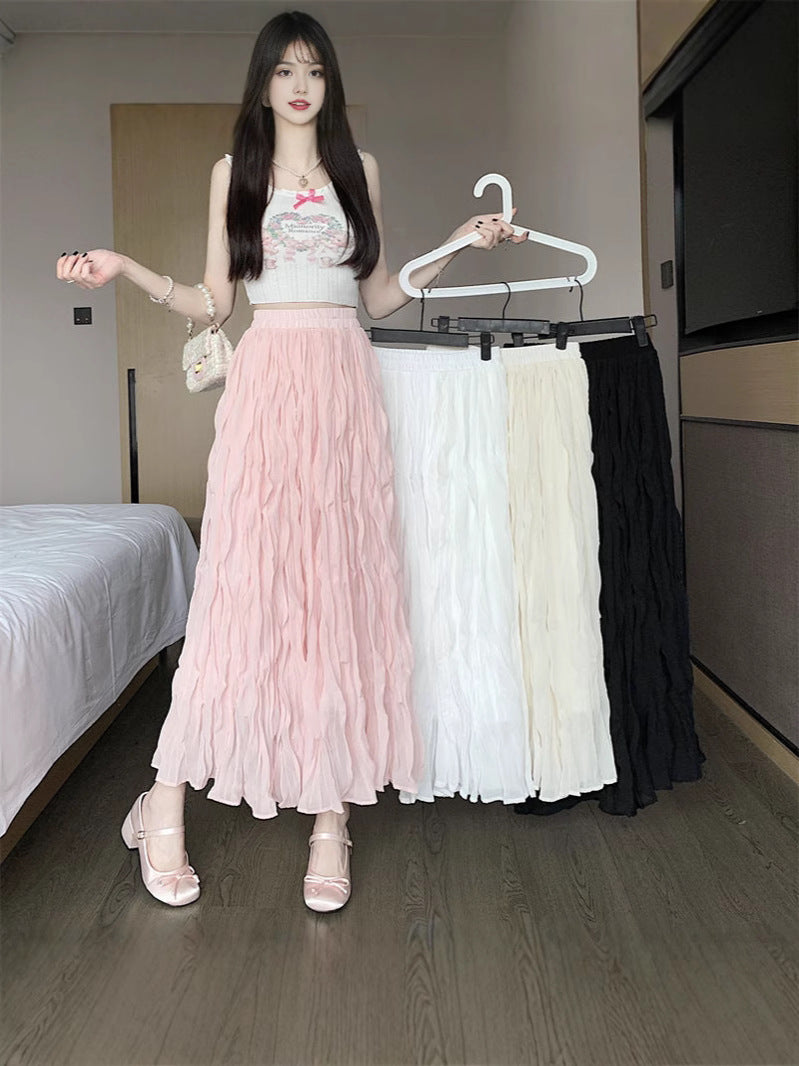 Women's White Elastic Waist A- Line Summer High Casual Elegant Long Skirt