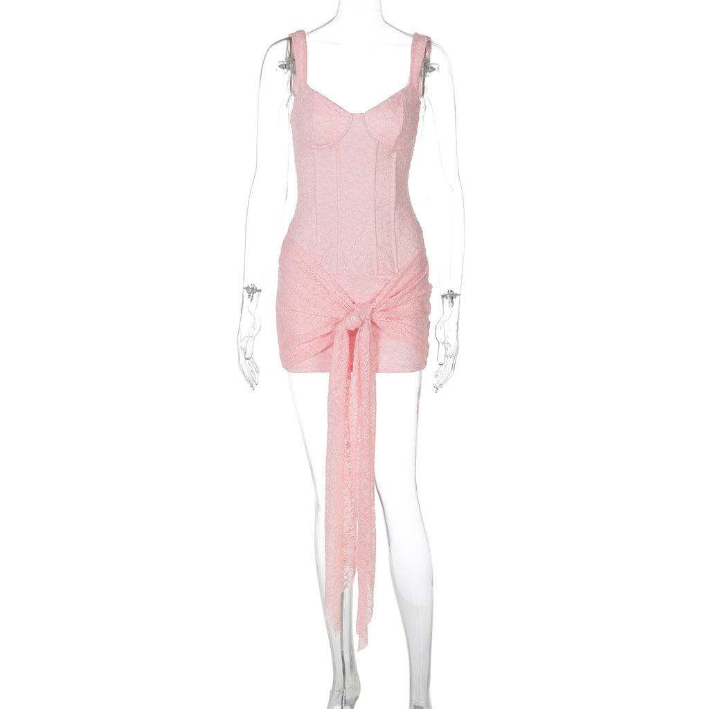 Fashion Lace Sexy Cinched Patchwork Bandage Hip Spaghetti Dress