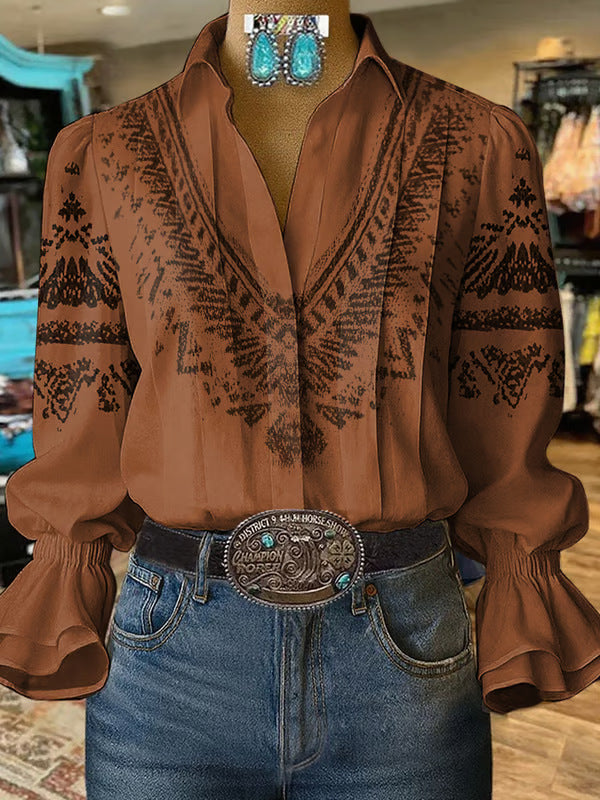 Women's Digital Printing Bohemian Trendy Bell Sleeve Blouse