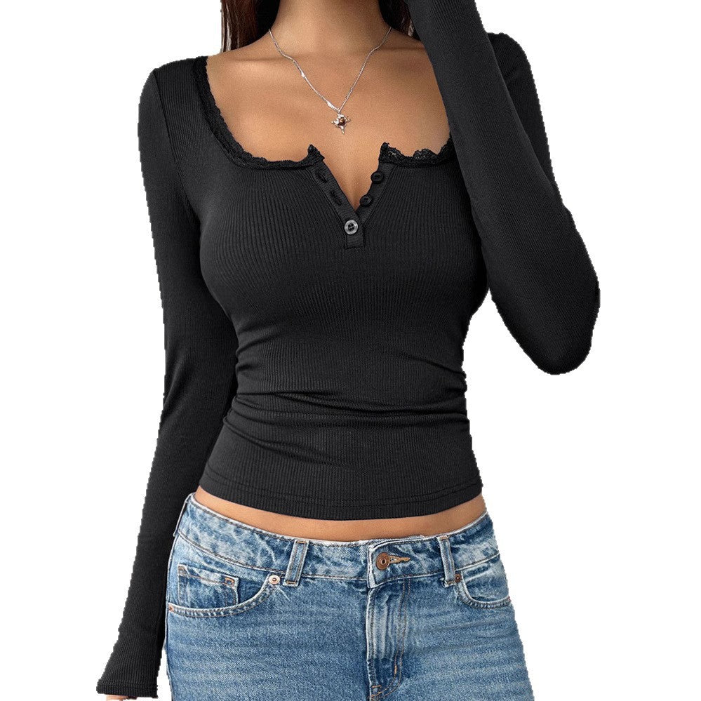 Women's Lace Button Fashionable Fitted Long Sleeve Women's T-shirt
