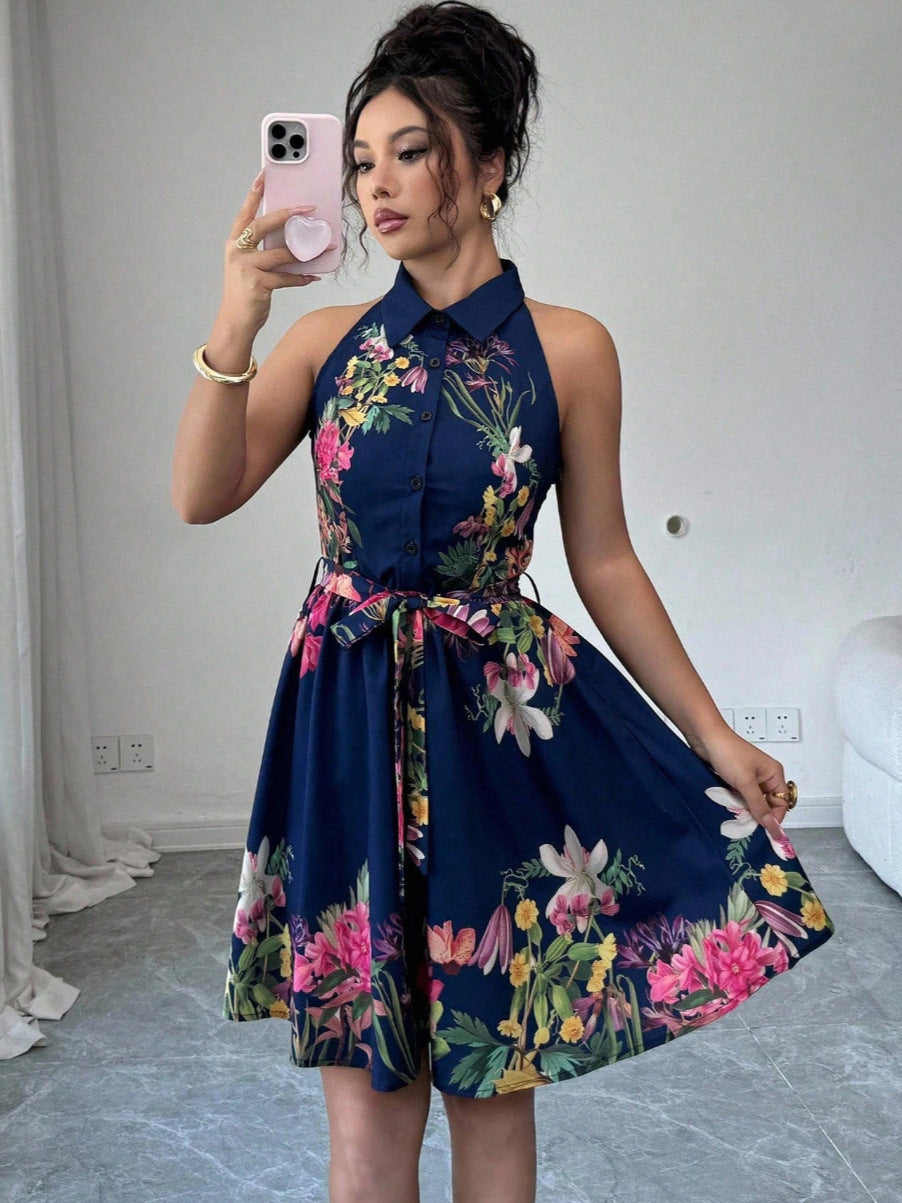 Stylish Fashion Charming Flower Print Halter Dress