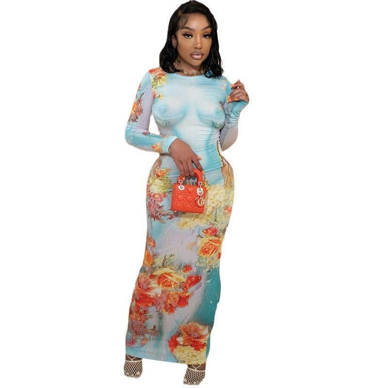 Women's Print Round Neck Pullover Long Sleeve Narrow Street Temperament Leisure Skirts