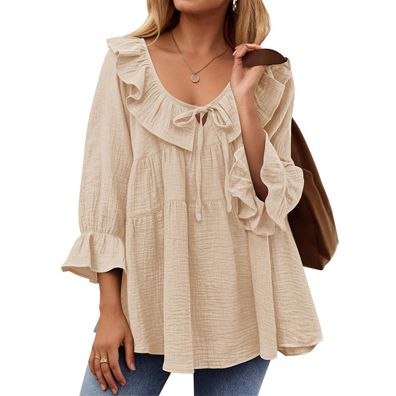 Women's Neck Tied Front Dart Loose Waist Women's T-shirt