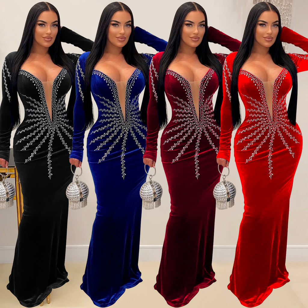 Women's Fashion Wear Solid Color Sexy Rhinestone Long Dress