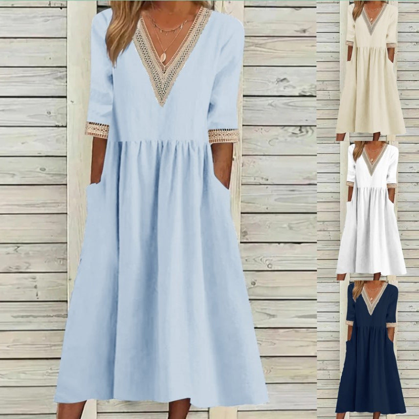 Women's Loose Cotton Linen Lace Collar Half Dress