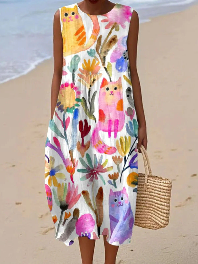 Women's Printed Round Neck Pullover Fashion Casual Dress