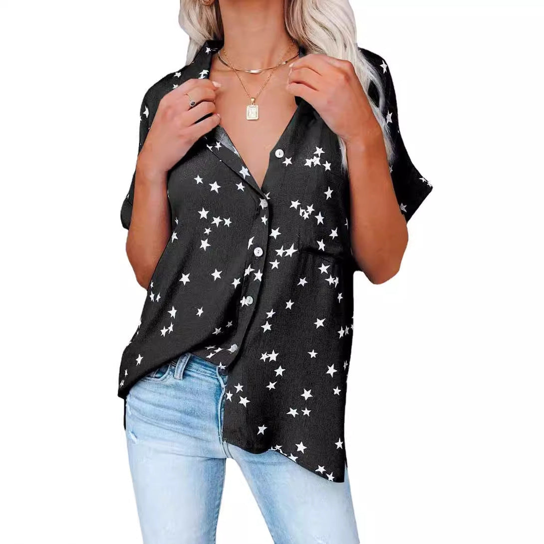 Women's Summer Printed Breasted Batwing Sleeve Blouse