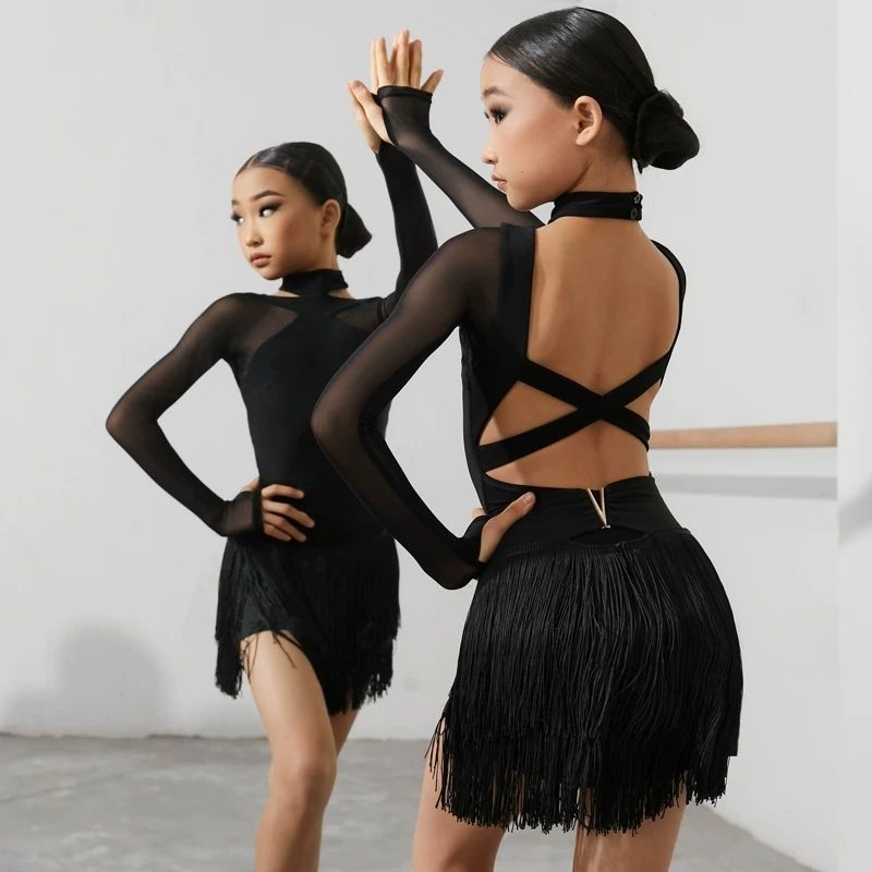 Women's Pad Long-sleeved Beauty Back Sexy Cross Tight Latin Dance Women's T-shirt