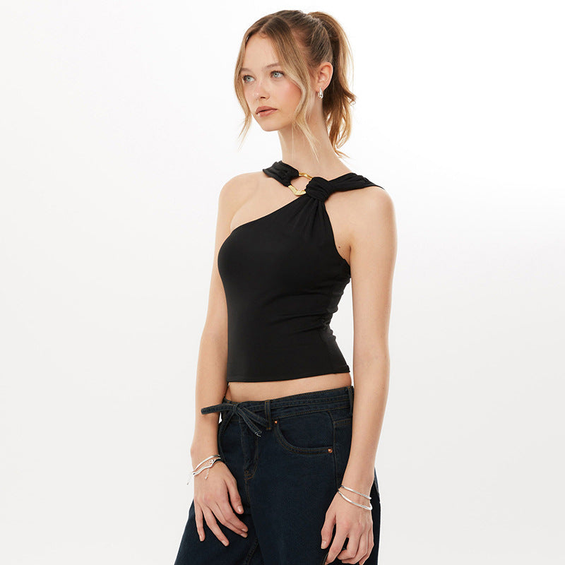 Women's Solid Color Irregular Collar Metal Decorative Tops