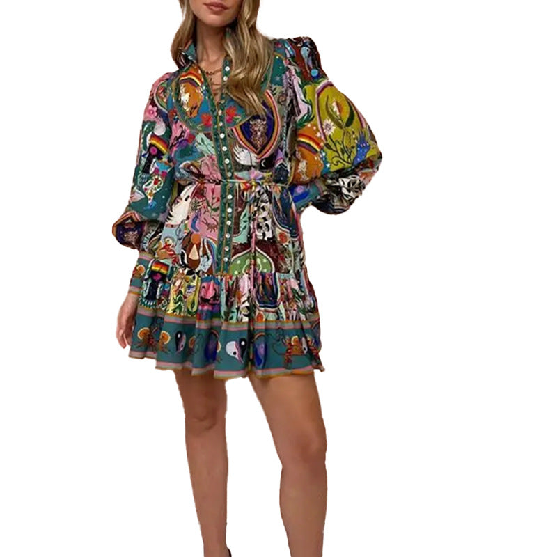Women's Spring Elegant Retro Stand Collar Printed Lace Dress