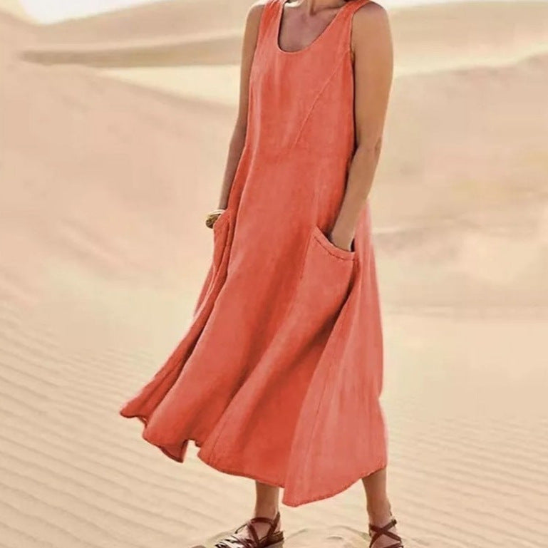 Women's Summer Retro Sleeveless Solid Color Cotton Linen Dress