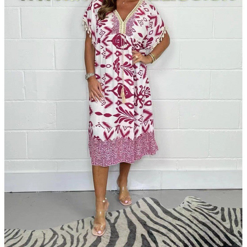 Women's Summer Fashion Printed Tassel Stitching Casual Dress