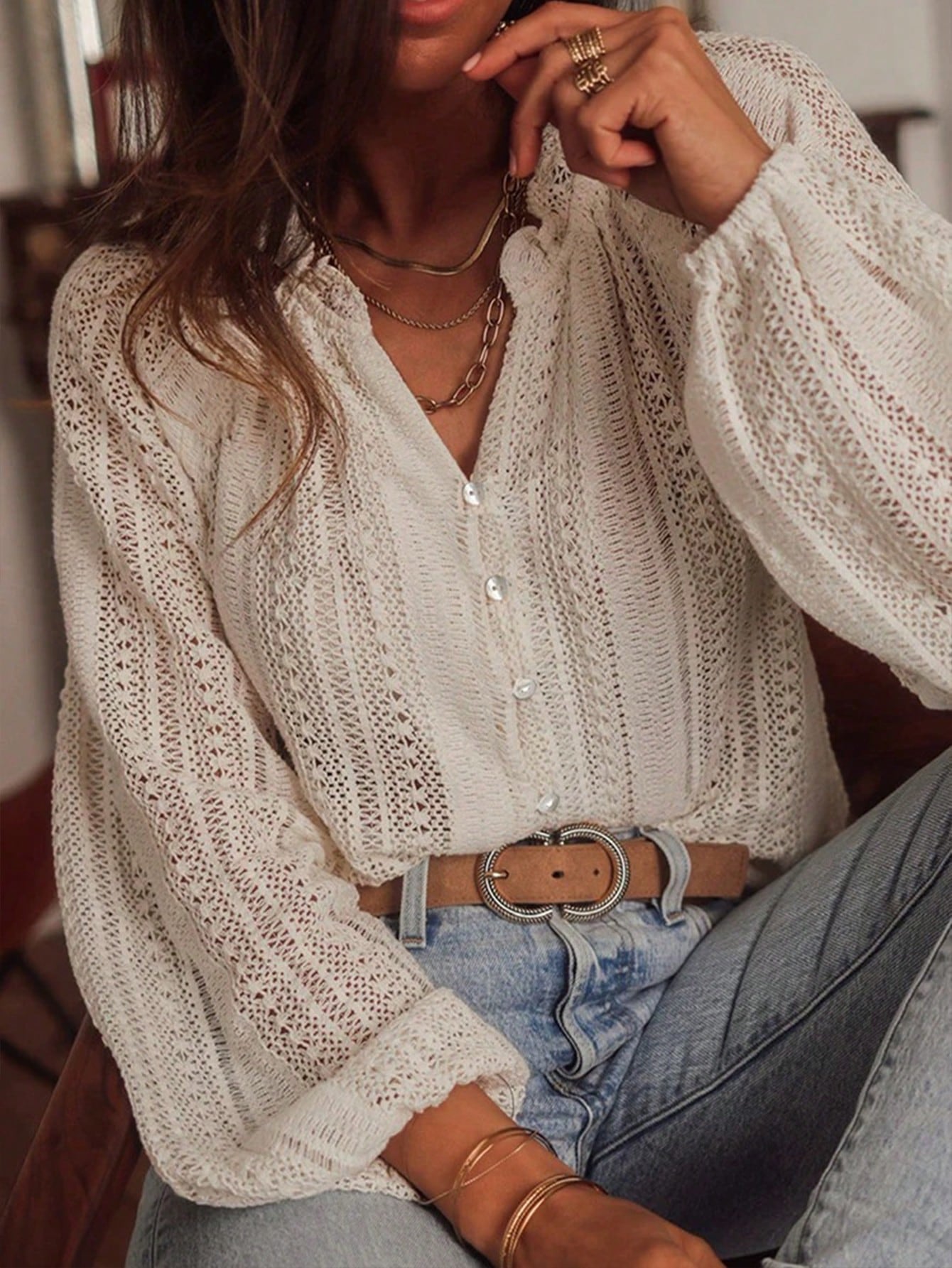 Loose Fashion Versatile Lace Single-breasted Long Sleeve Women's T-shirt