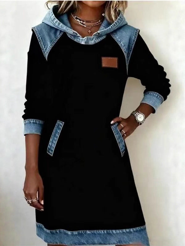 Denim Color Matching Ladies Hoodie Contrast Hat Dress
