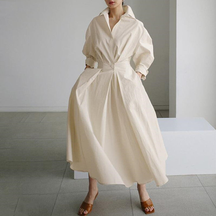 Commute Cotton Linen Solid Colored Lapel Collar Sleeve Elastic Waist Dress