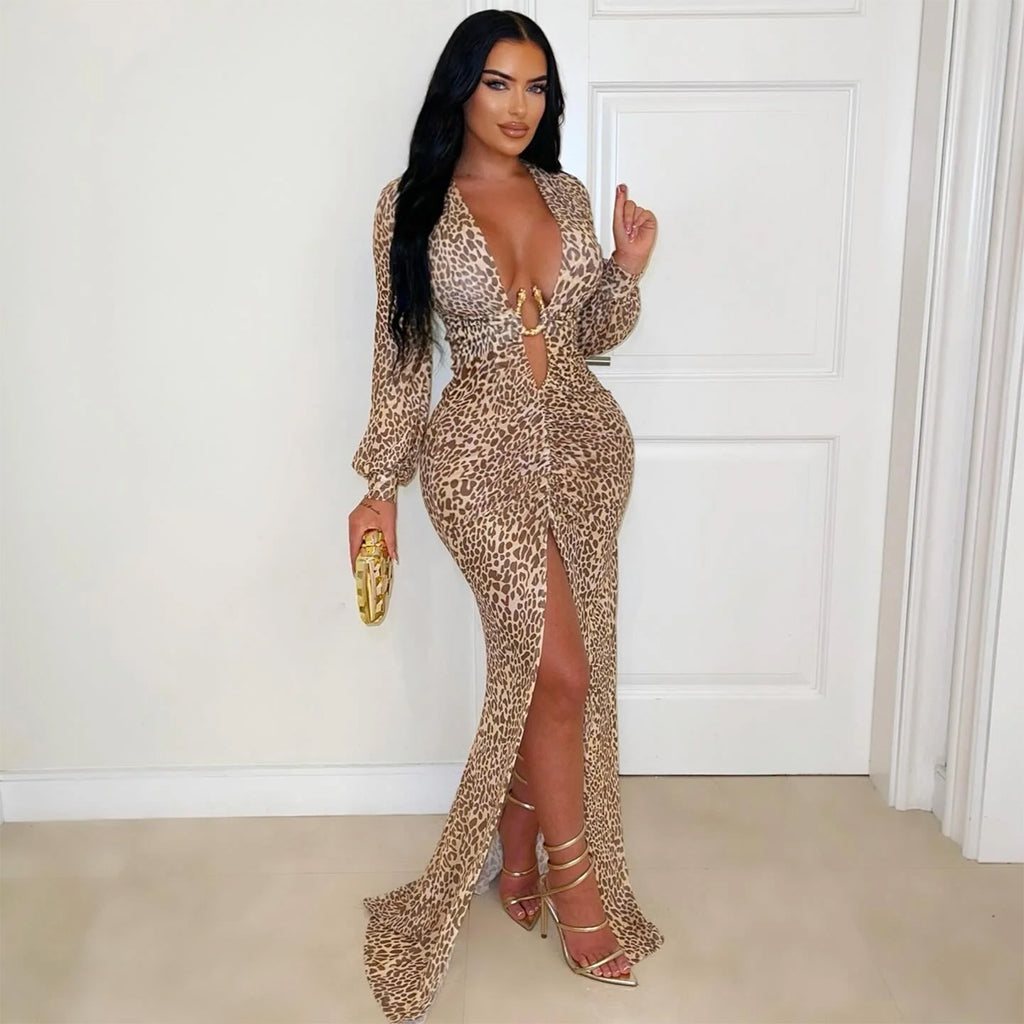Women's Fashion Wear Sexy Deep V Leopard Print Split Dress