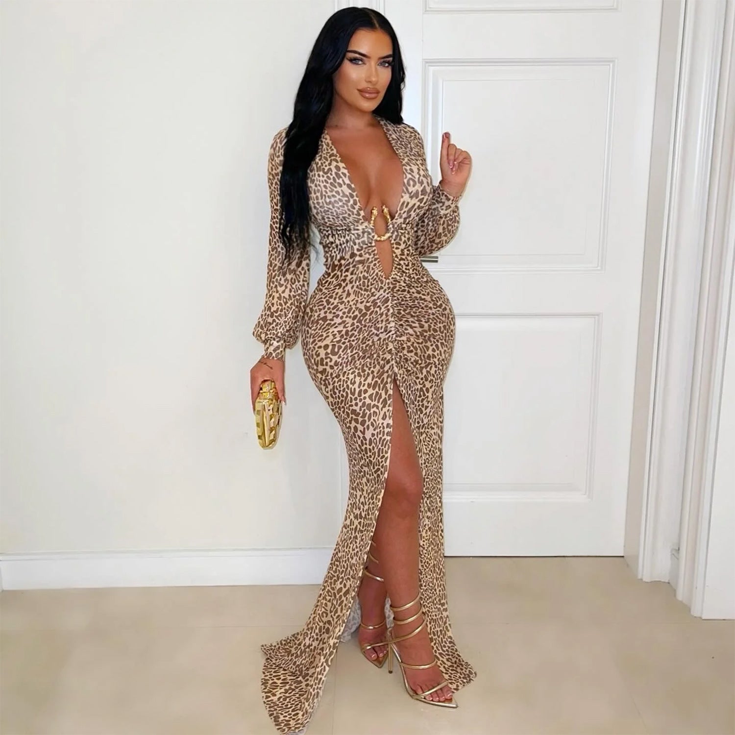 Women's Fashion Wear Sexy Deep V Leopard Print Split Dress
