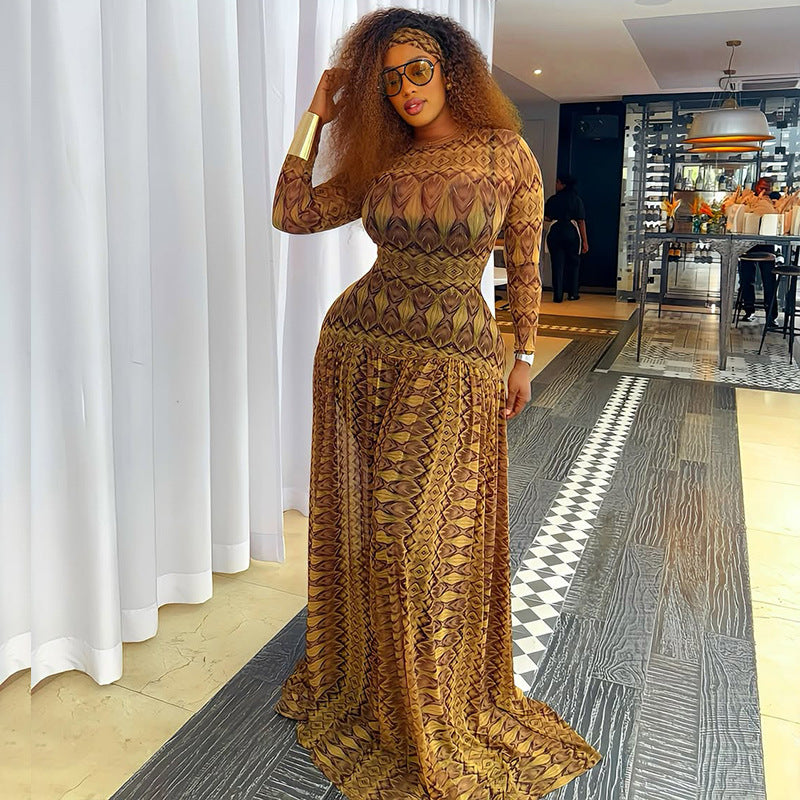 Women's Elegant Retro Waist Slimming A- Line Printed Dress