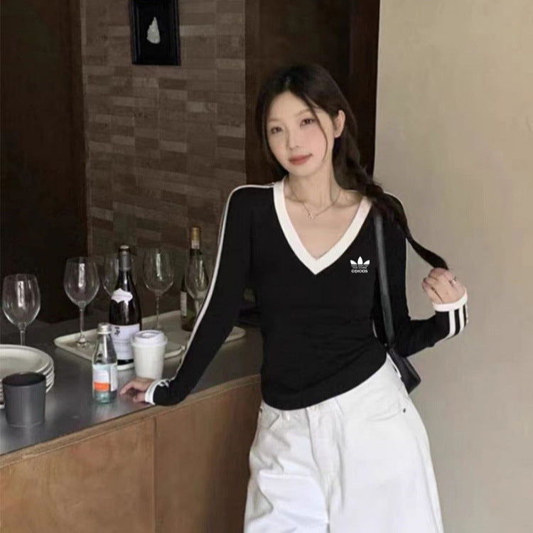 Women's Shoulder Striped Long-sleeved Slim Fit Sweet Women's T-shirt