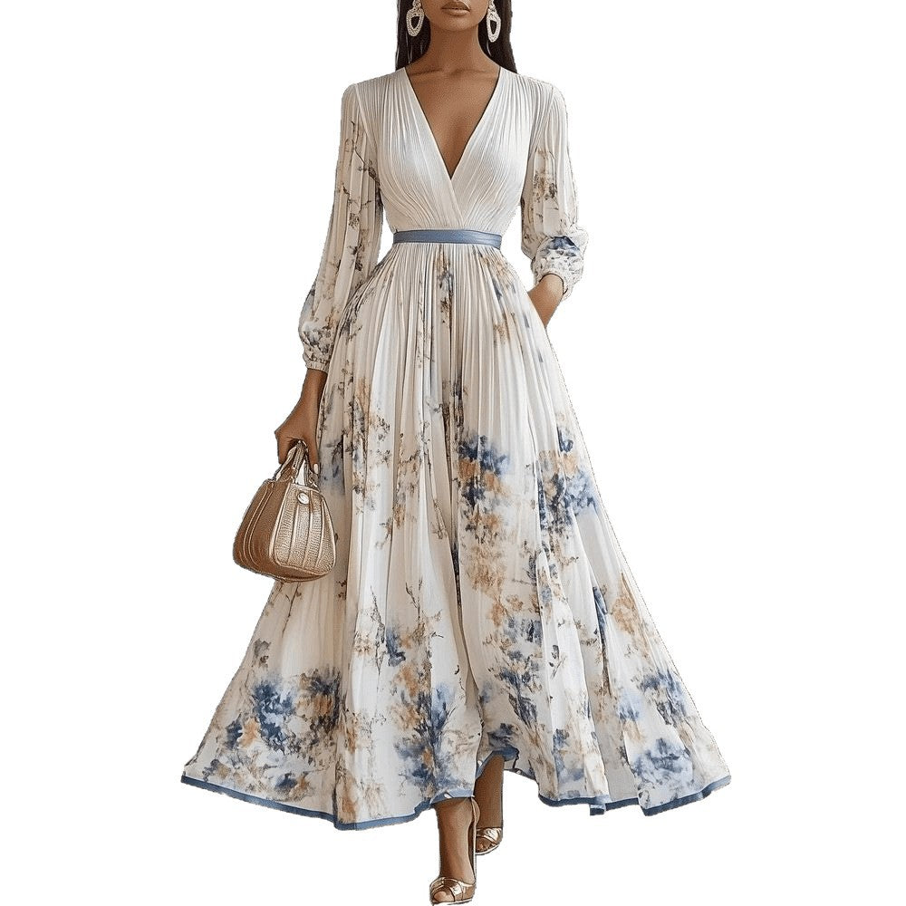 Women's Printed Long Sleeve Fashion Pleated Dress