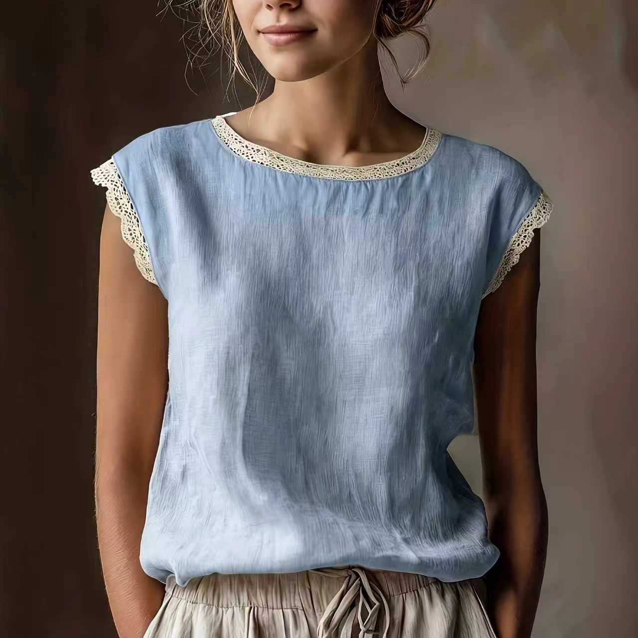 Women's Solid Color Round Neck Lace Stitching Sleeveless Linen Blouse