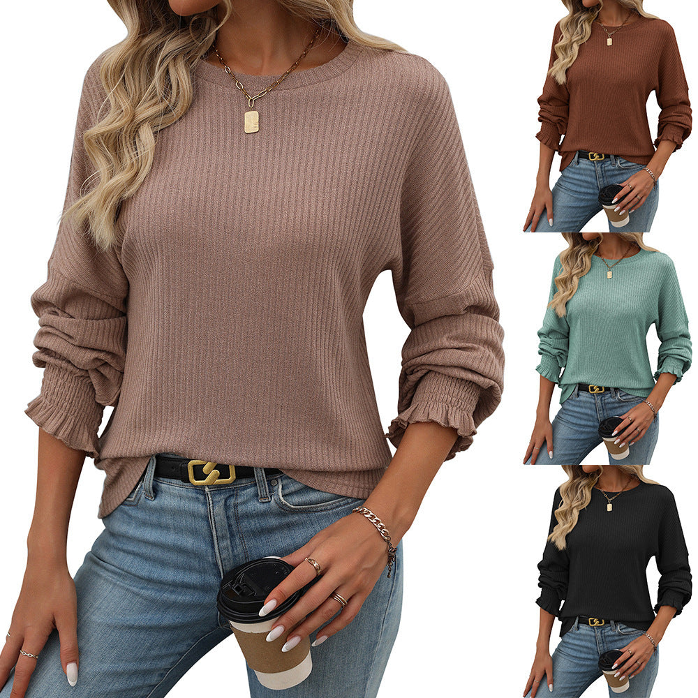 Women's Loose Casual Sunken Stripe Long-sleeved Women's T-shirt